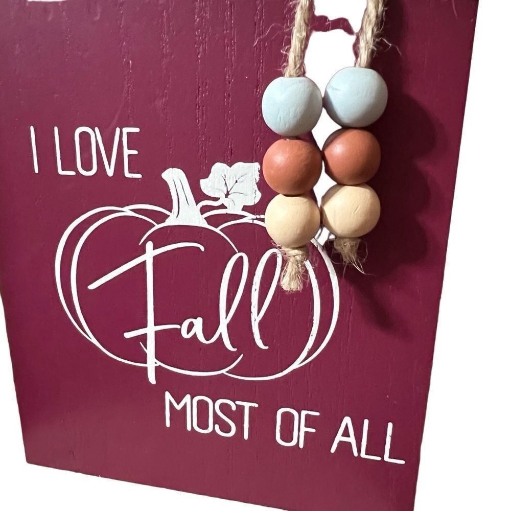 Harvest 'I Love Fall Most of All' Wood Book‎ Decor Purple pumpkin jute beads NWT
